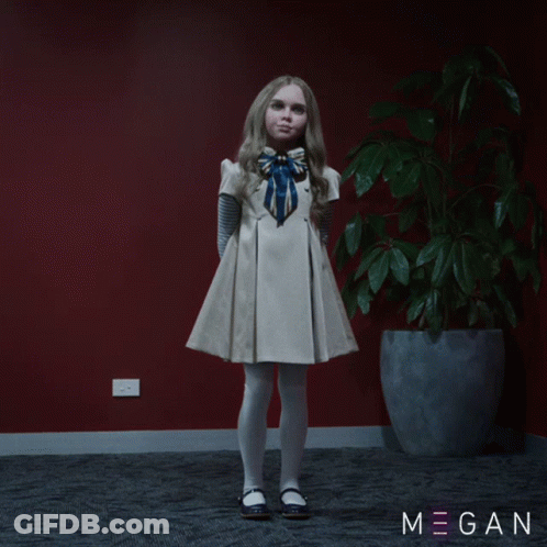 A Little Girl In A White Dress Stands In Front Of A Potted Plant With Megan Written On The Bottom Right GIF