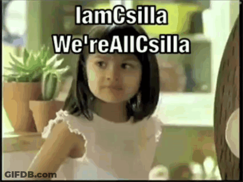 A Little Girl In A White Dress With The Words " Lamcsilla We 'Re Allcsilla " On The Bottom GIF