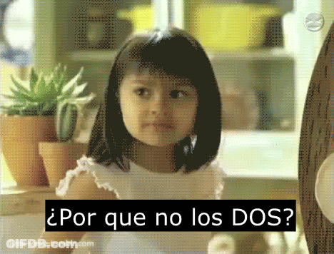 A Little Girl In A White Dress With The Words Por Que No Los Dos GIF