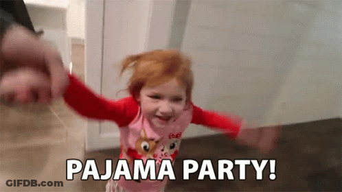 A Little Girl In Pajamas Is Running In A Room With The Words Pajama Party . GIF