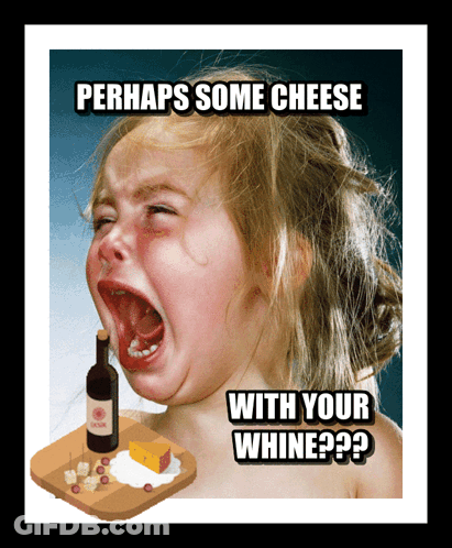 A Little Girl Is Crying With A Bottle Of Wine And Cheese On A Cutting Board With The Caption Perhaps Some Cheese With Yo GIF