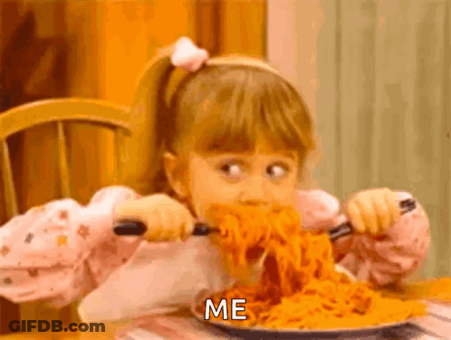 A Little Girl Is Eating Spaghetti With A Fork And Knife And Says Me On The Plate GIF