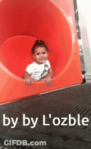 A Little Girl Is Going Down An Orange Slide With The Words By By L' Ozble Below Her GIF