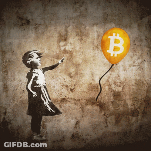 A Little Girl Is Holding A Balloon With A Bitcoin Symbol On It GIF