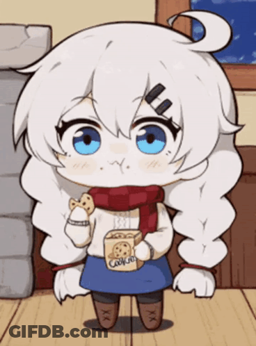 A Little Girl Is Holding A Box Of Cookies In Her Hand GIF