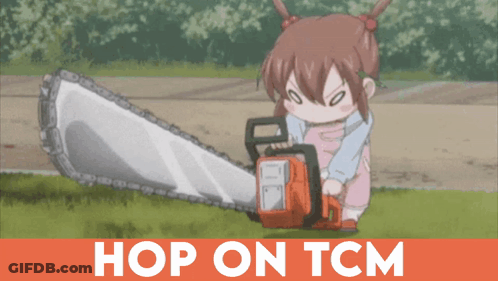 A Little Girl Is Holding A Chainsaw With The Words Hop On Tcm Below It GIF