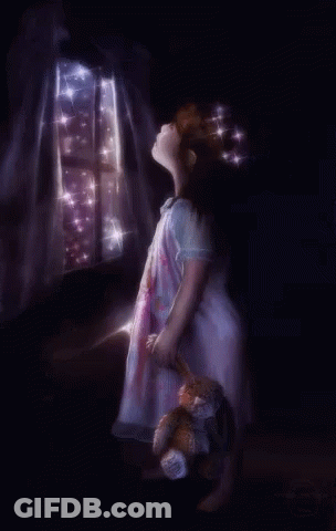 A Little Girl Is Holding A Teddy Bear And Looking Out A Window At The Stars GIF