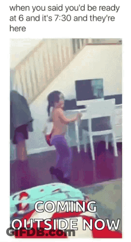 A Little Girl Is Jumping In The Air In A Living Room With The Words Coming Outside Now . GIF