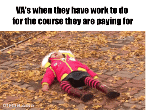 A Little Girl Is Laying On The Ground With Leaves Around Her And The Caption Va 'S When They Have Work To Do GIF