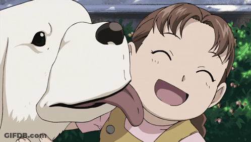 A Little Girl Is Licking A Dog 'S Nose And Smiling GIF