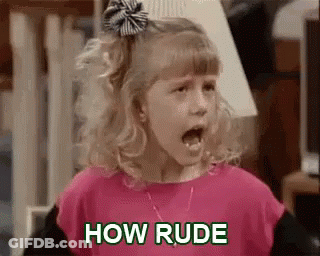 A Little Girl Is Making A Funny Face And Saying `` How Rude '' With Her Mouth Open . GIF