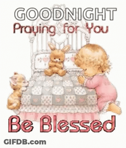 A Little Girl Is Praying In Front Of A Bed With A Bunny And A Cat . GIF