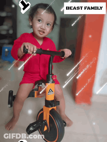A Little Girl Is Riding A Tricycle With The Words Beast Family Above Her GIF