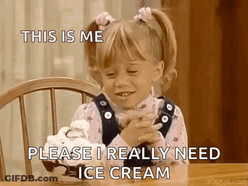 A Little Girl Is Sitting At A Table With A Bowl Of Ice Cream And Says This Is Me Please I Really Need Ice Cream GIF