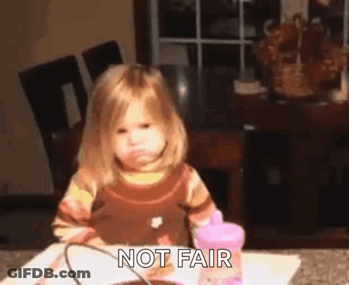 A Little Girl Is Sitting At A Table With A Pink Cup And The Words `` Not Fair '' . GIF