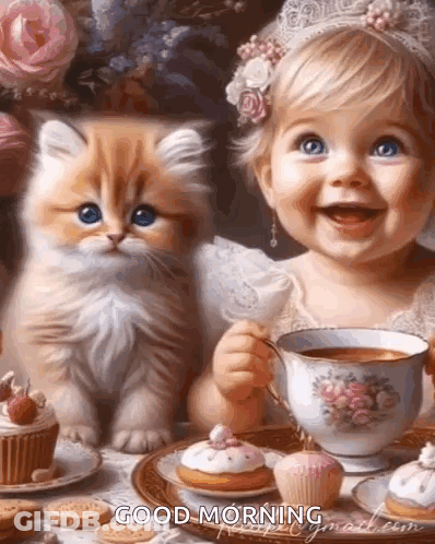A Little Girl Is Sitting At A Table With Cupcakes And A Kitten . GIF