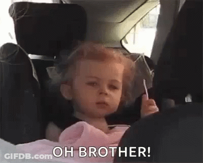A Little Girl Is Sitting In A Car Seat Holding A Lollipop And Saying `` Oh Brother ! '' GIF