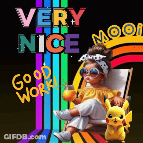 A Little Girl Is Sitting In A Chair Holding A Drink And A Pikachu Standing Next To Her GIF