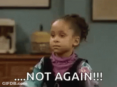 A Little Girl Is Sitting In Front Of A Dresser And Says `` Not Again '' . GIF