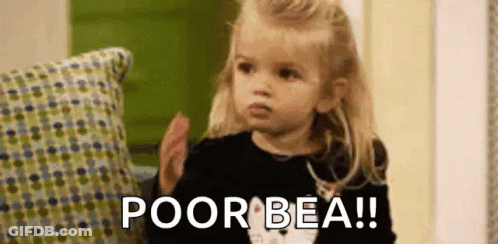 A Little Girl Is Sitting On A Couch With A Pillow And A Sign That Says Poor Bea . GIF