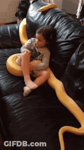 A Little Girl Is Sitting On A Couch With A Snake Wrapped Around Her . GIF
