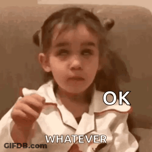 A Little Girl Is Sitting On A Couch With Her Eyes Closed And Holding A Piece Of Paper That Says Whatever . GIF