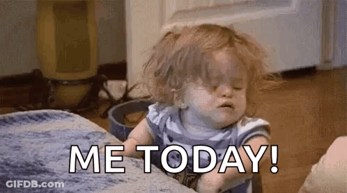 A Little Girl Is Sitting On A Couch With Her Eyes Closed And Says `` Me Today ! '' GIF