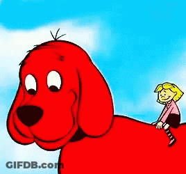 A Little Girl Is Sitting On The Back Of A Large Red Dog GIF