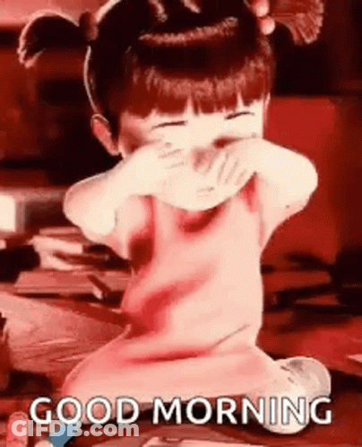 A Little Girl Is Sitting On The Floor Covering Her Face With Her Hands And A Good Morning Message . GIF