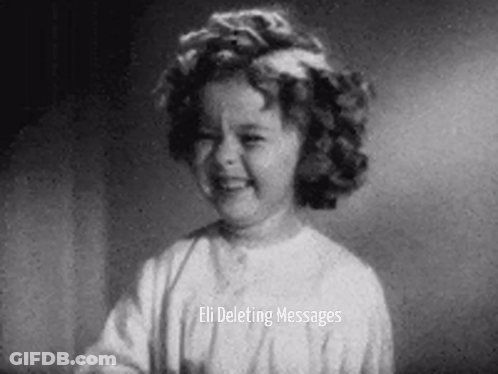 A Little Girl Is Smiling In A Black And White Photo With The Words `` Eli Deleting Messages '' . GIF