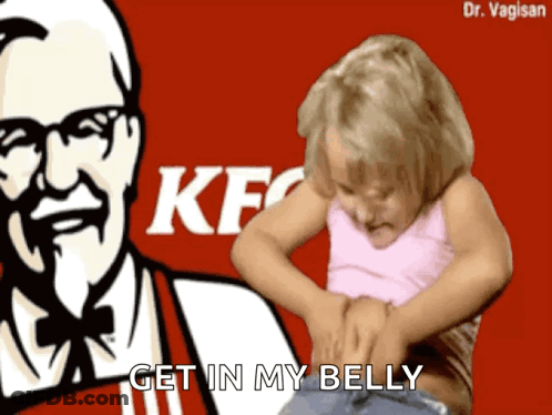 A Little Girl Is Standing In Front Of A Kfc Sign GIF
