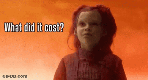 A Little Girl Is Standing In Front Of A Red Background And Asking What Did It Cost . GIF