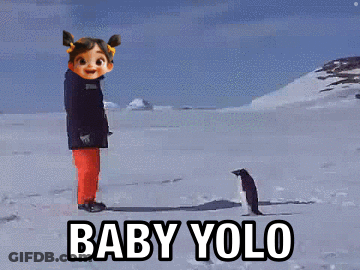 A Little Girl Is Standing In The Snow Next To A Penguin And The Words Baby Yolo GIF