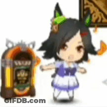 A Little Girl Is Standing Next To A Jukebox And A Picture . GIF