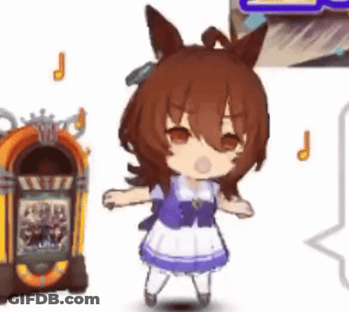 A Little Girl Is Standing Next To A Jukebox And Dancing . GIF