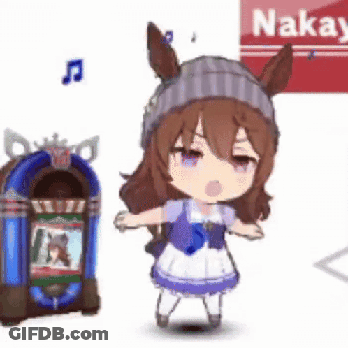 A Little Girl Is Standing Next To A Jukebox And Dancing . GIF