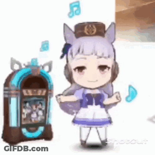 A Little Girl Is Standing Next To A Jukebox And Dancing . GIF