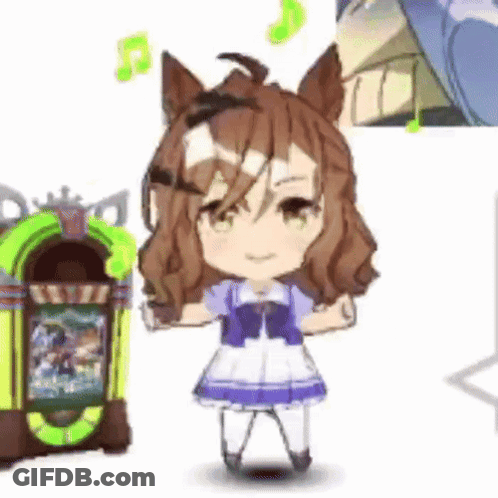 A Little Girl Is Standing Next To A Jukebox And Playing Music . GIF