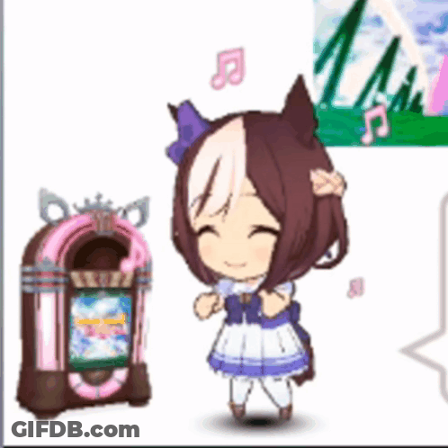 A Little Girl Is Standing Next To A Jukebox And Smiling GIF