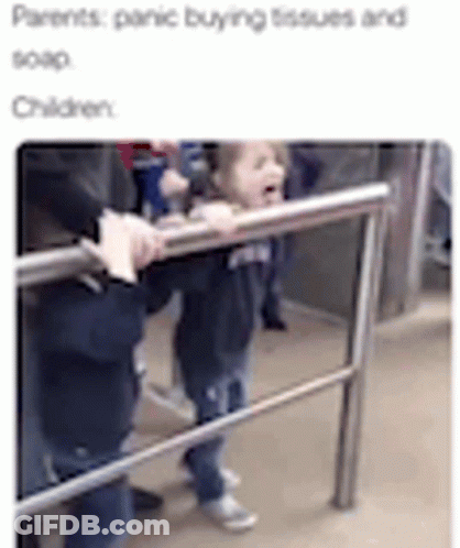 A Little Girl Is Standing Next To A Railing On A Subway Train . GIF