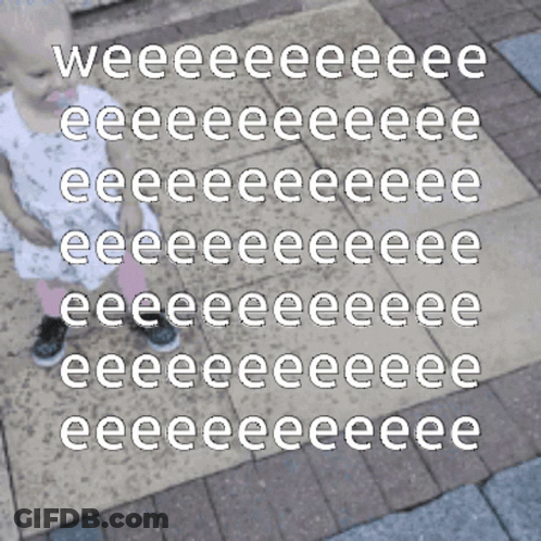 A Little Girl Is Standing On A Brick Sidewalk With The Words " Weeeee " Written In White Letters GIF
