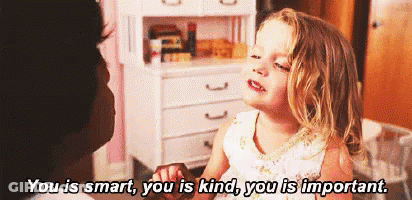A Little Girl Is Talking To A Man And Says `` You Is Smart , You Is Kind , You Is Important '' . GIF