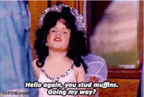 A Little Girl Is Wearing A Fairy Costume And Saying Hello Again You Stud Muffins Going My Way GIF
