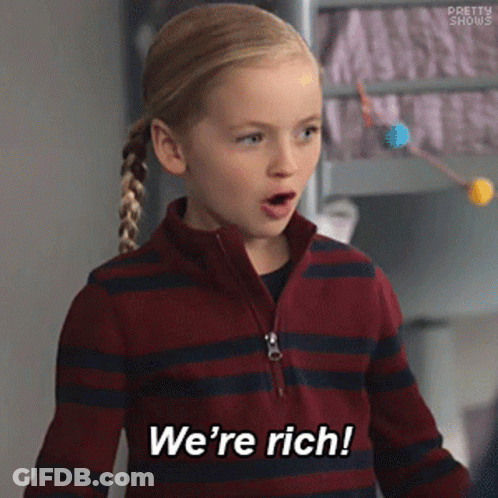 A Little Girl Is Wearing A Striped Sweater And Says We 'Re Rich . GIF