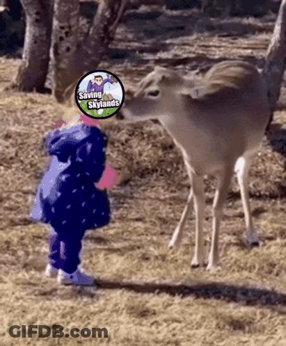 A Little Girl Looking At A Deer With A Sticker That Says Saving Skylands On It GIF