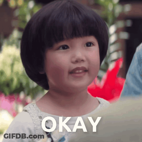 A Little Girl Making A Face With The Word Okay In Front Of Her GIF