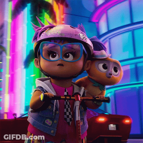 A Little Girl Riding A Scooter With A Stuffed Animal On Her Back GIF