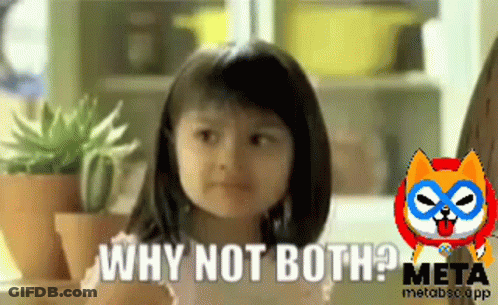 A Little Girl Says " Why Not Both " In Front Of A Picture Of A Dog GIF