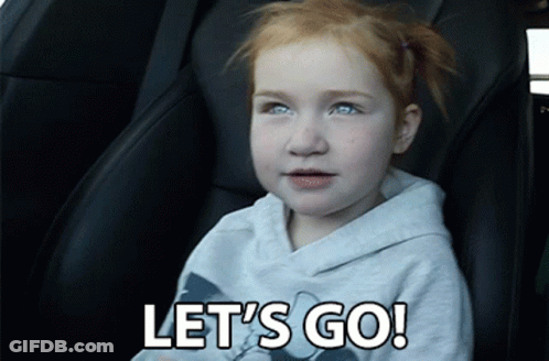 A Little Girl Sitting In A Car With The Words Let 'S Go GIF