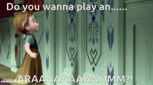 A Little Girl Standing In Front Of A Wall With The Words " Do You Wanna Play An " GIF